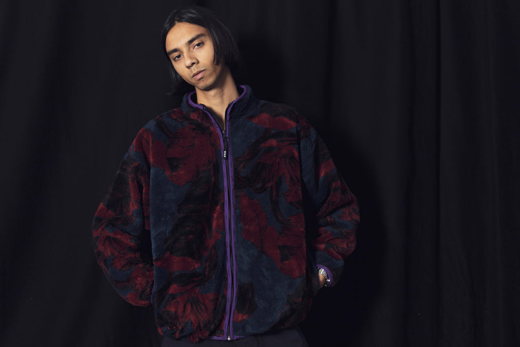 Sativa Floral Full Zip Sherpa Fleece Jacket navy